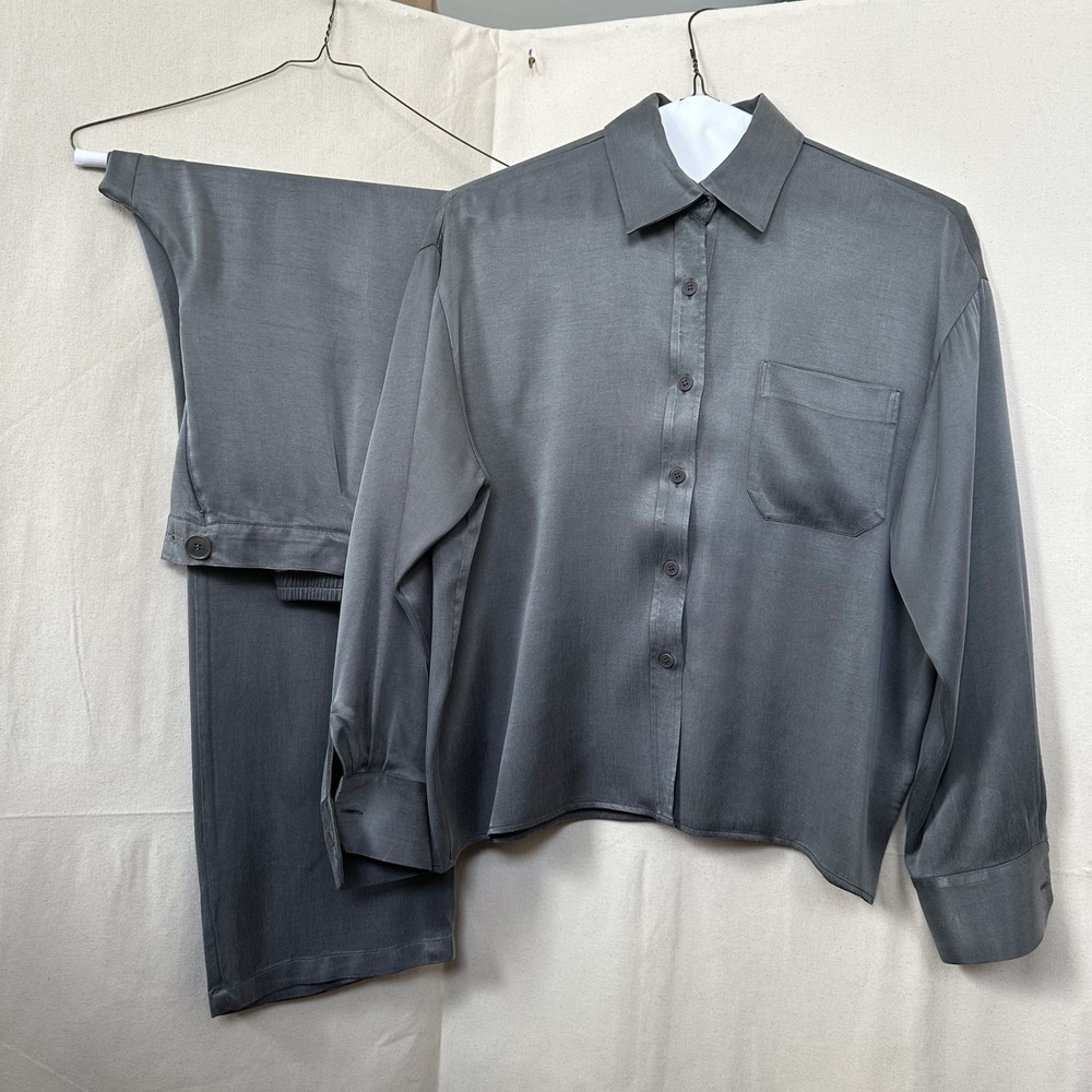 Djerf Avenue On‎ the Go Set Storm Scandi Button Down Shirt Wide Leg Pants Sz. S